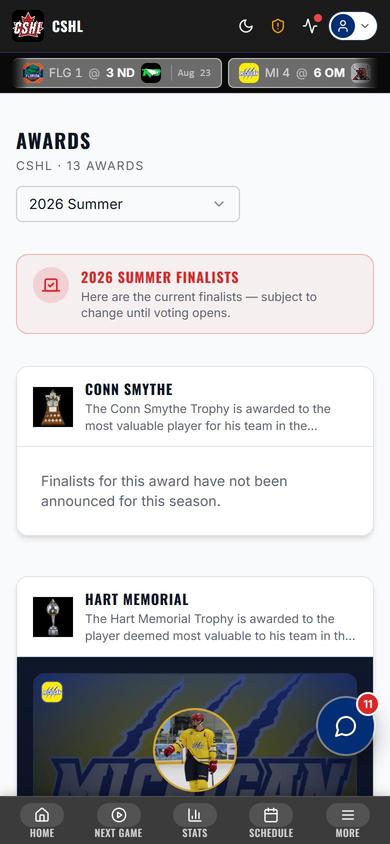 Awards page on mobile with trophy definitions and finalist cards