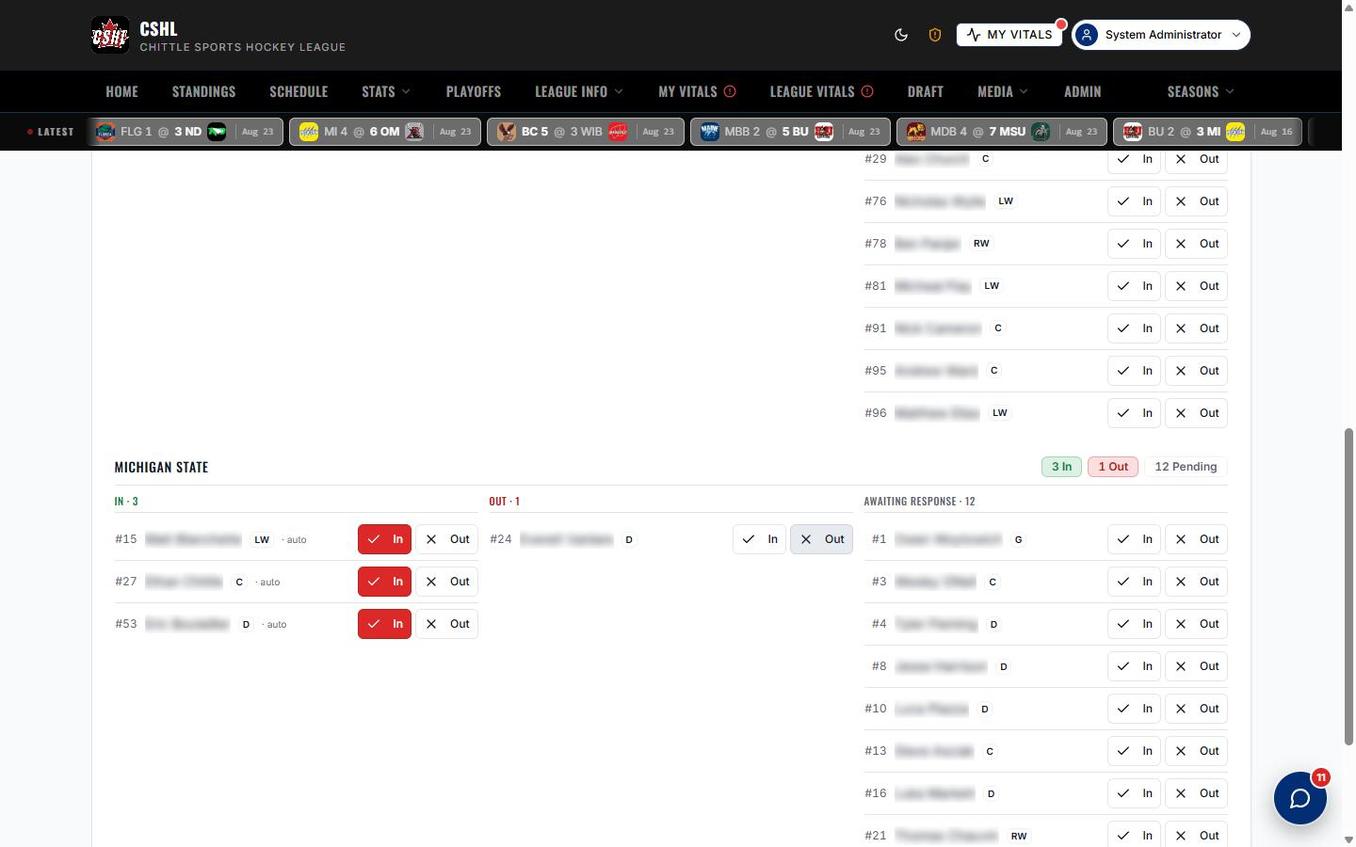 GM lineup screen listing every rostered skater by jersey number with In / Out check-in status and an awaiting-response section