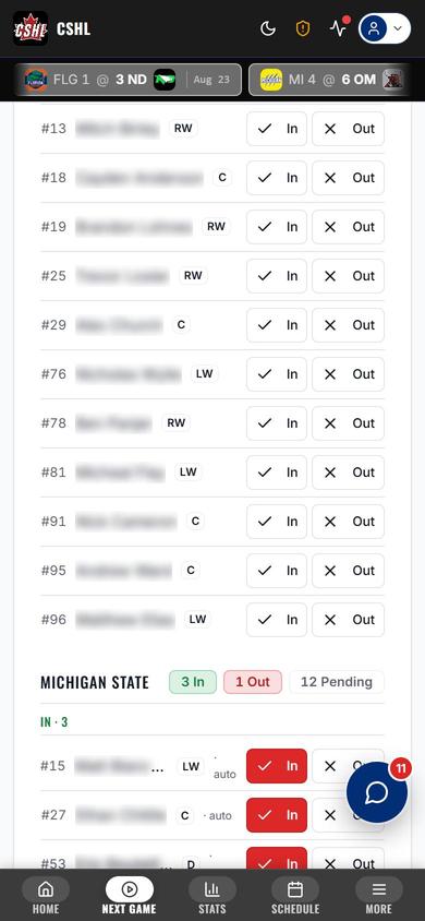 Team check-in screen on mobile showing every player marked In or Out for the next game