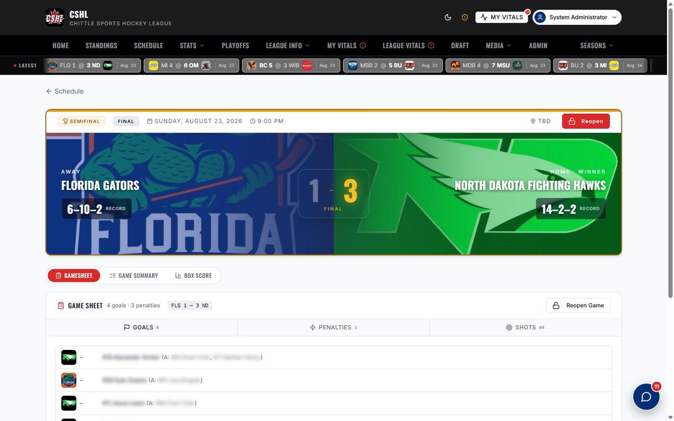 CSHL live gamesheet page showing a semifinal final score, branded team ice backgrounds, and a live goals table