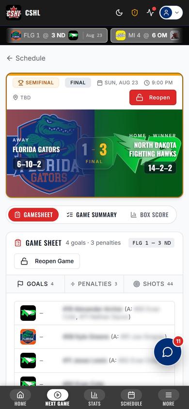 Live gamesheet on mobile with branded team headers and rinkside score entry