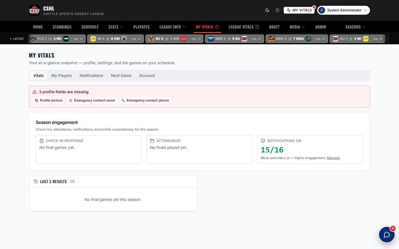 My Vitals player dashboard showing profile completeness, season engagement stats, notification response rate, and the last 5 results