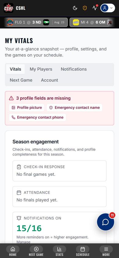 My Vitals dashboard on mobile with player engagement stats