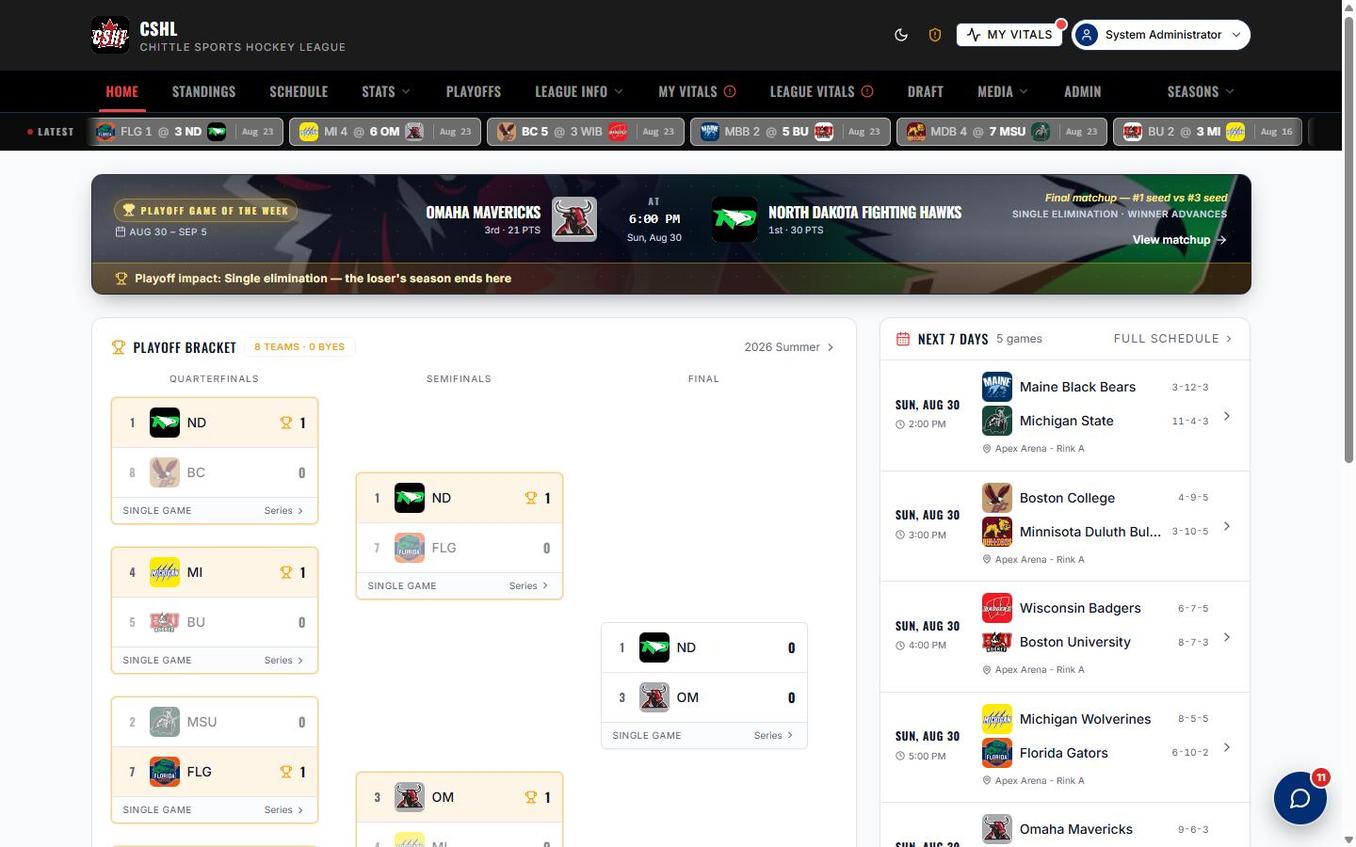 CSHL playoff Game of the Week banner above a full single-elimination bracket showing quarterfinals, semifinals, and final with team logos and seedings
