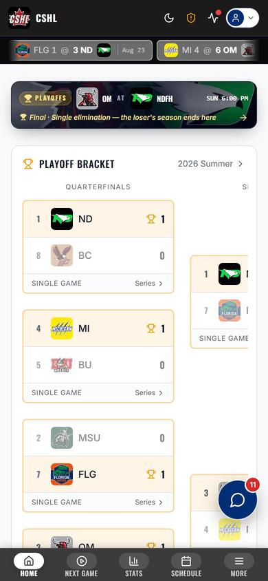 Playoff bracket on mobile showing seedings and matchups