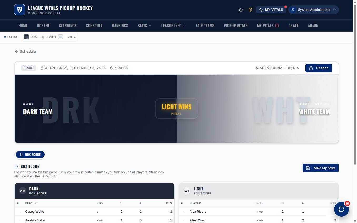 Dark and Light box score showing per-player goals, assists, shots, and plus/minus