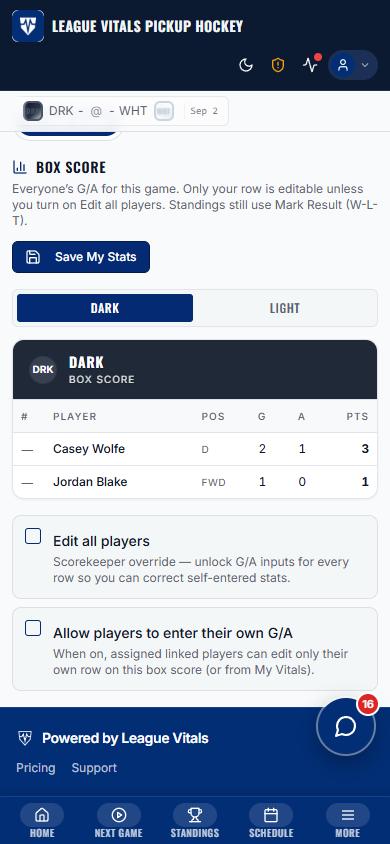 Dark and Light box score on mobile