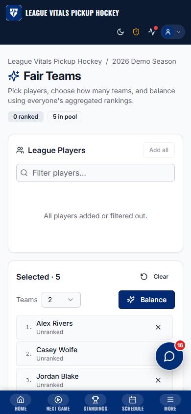 Fair-teams generator on mobile showing balanced Dark and Light rosters