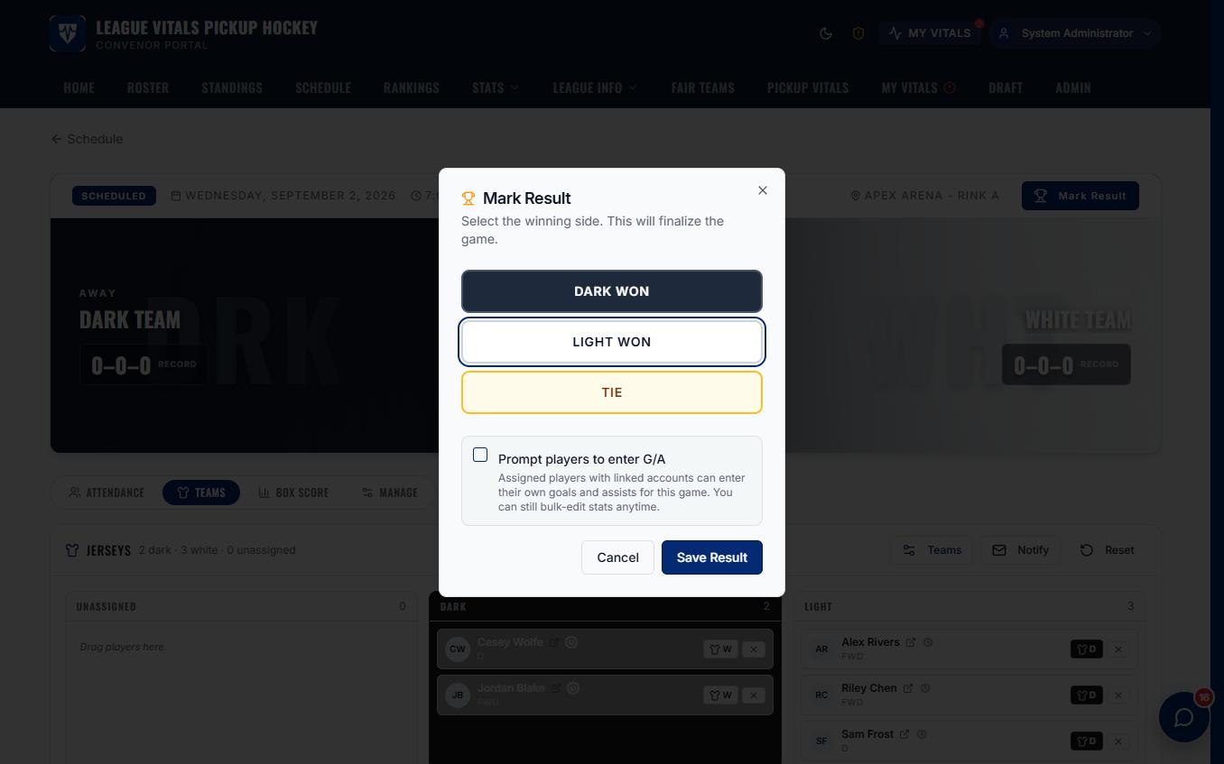 Mark Result modal with Dark Won / Light Won / Tie options and a Prompt players to enter G/A checkbox