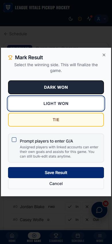 Mark Result modal on mobile